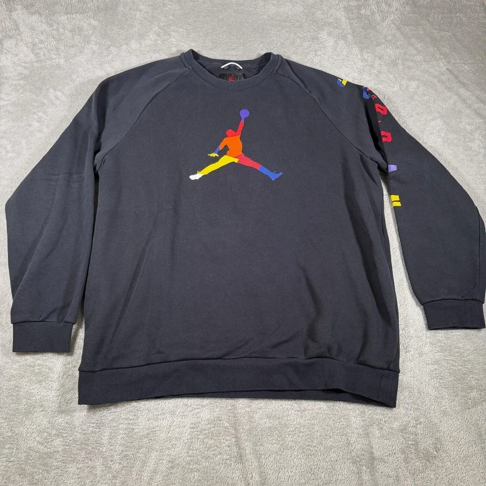 Air Jordan Rainbow Jumpman Sweatshirt Mens‎ XL Black Crewneck Fleece AV0044-010